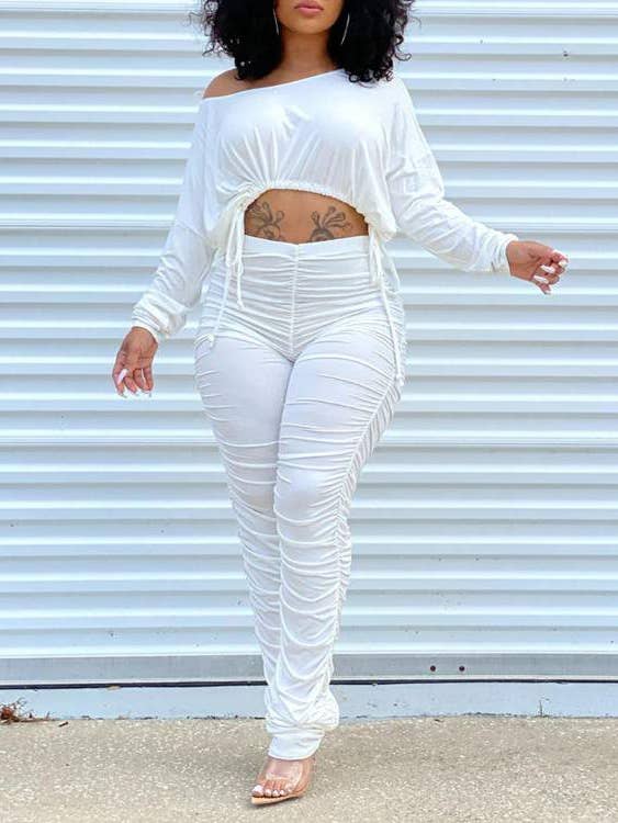 drawstring long sleeve top ruched pants set for wholesale by Queen Fashion
