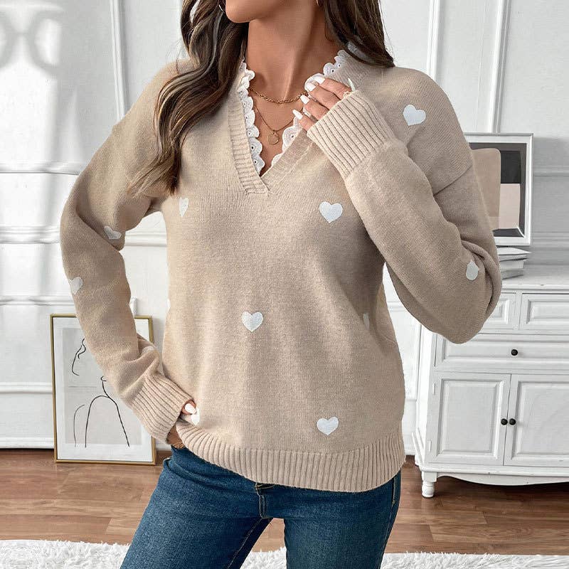 LIGHTKHAKI Valentine's Day lace V-neck love jacquard pullover sweater for wholesale on Faire4