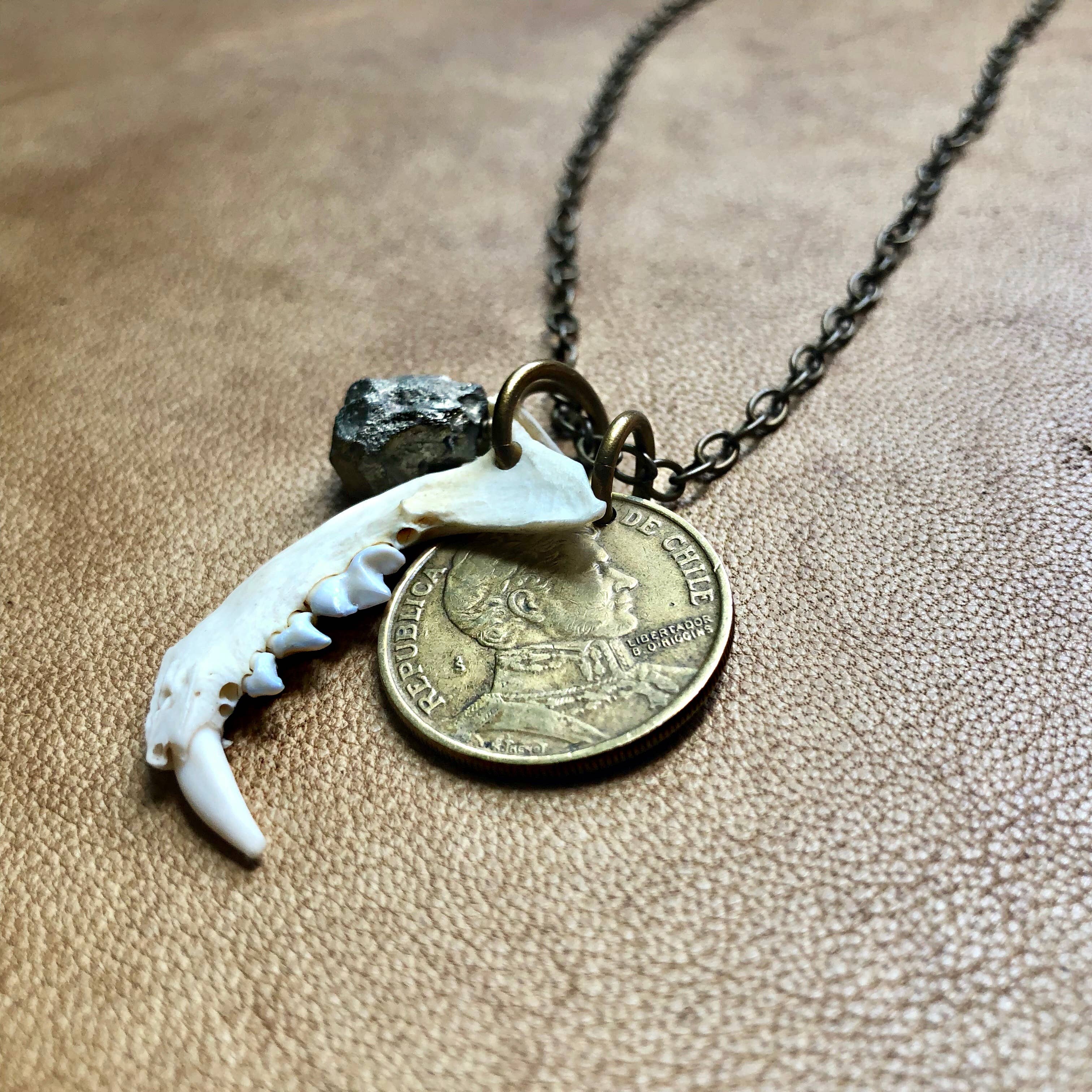 ASTALI - Wholesale Pendant/Charm Necklace - Jawbone & Fool's Gold Necklace, Real Weasel Bone & Pyrite3