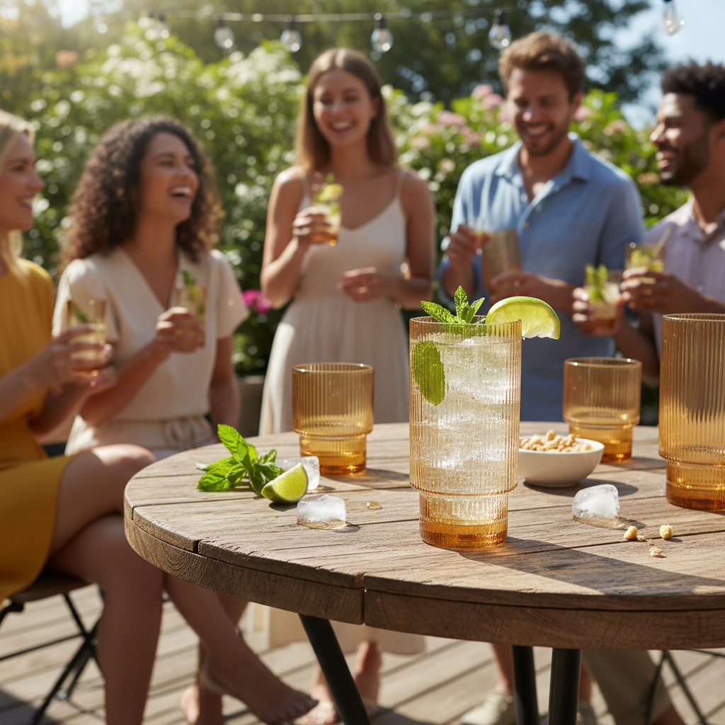 Kadra Kitchenware - Wholesale Drinking Glass/Cup - Vikko - Decor, Malibu, Ribbed Highball Glass, Amber, 15 Oz2