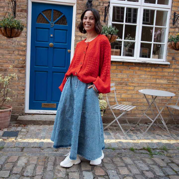 Cara & The Sky - Wholesale Cardigan - Women's - Brigit Pointelle Stitch Balloon Sleeve Cardigan - Orange14