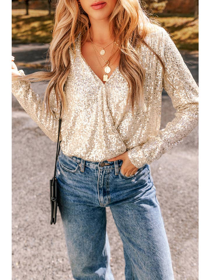 Beige Body con scollo a V a maniche lunghe con paillettes in vendita all'ingrosso su Faire