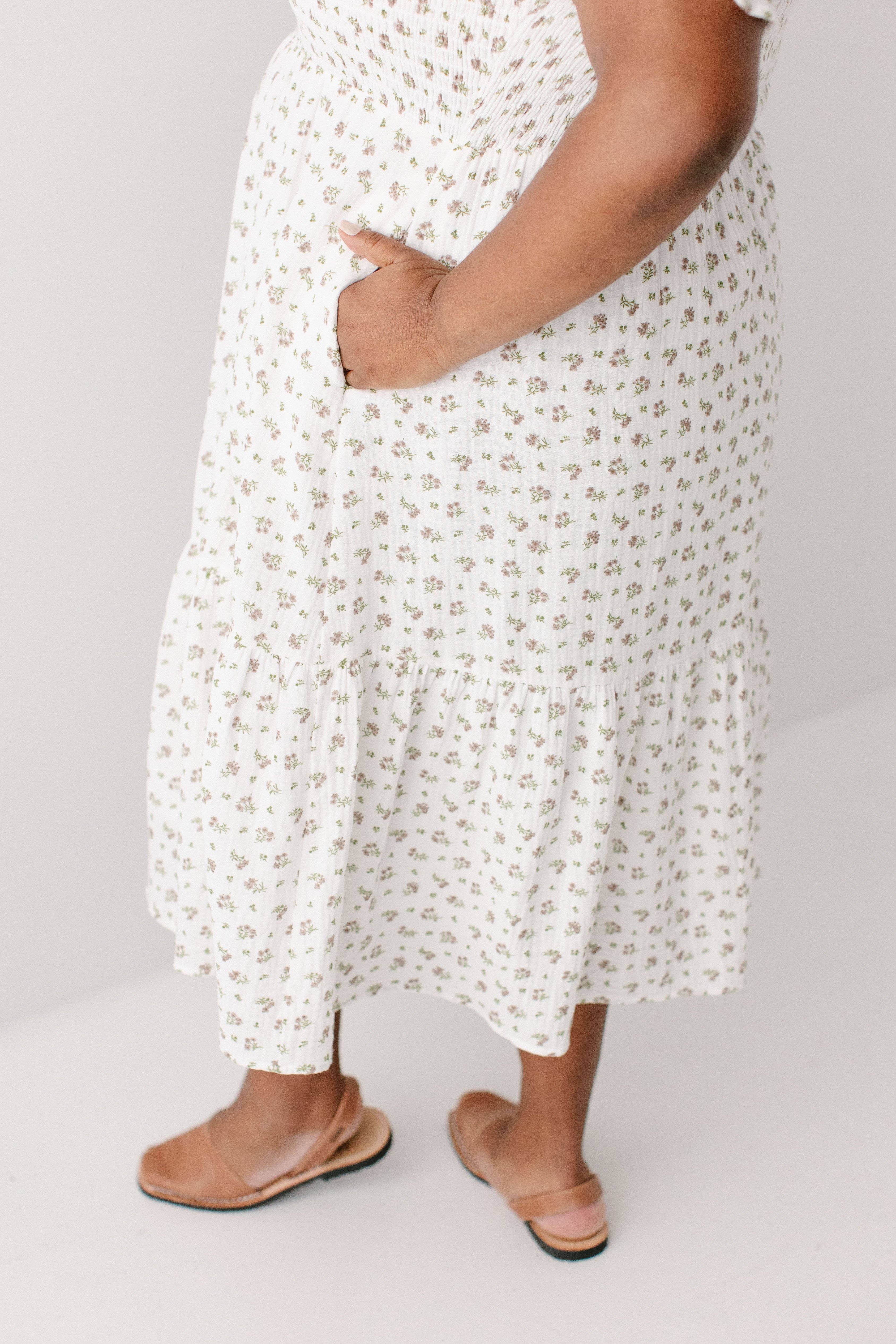 White 'Lynette' Smocked Bodice Floral Midi Dress for wholesale on Faire10