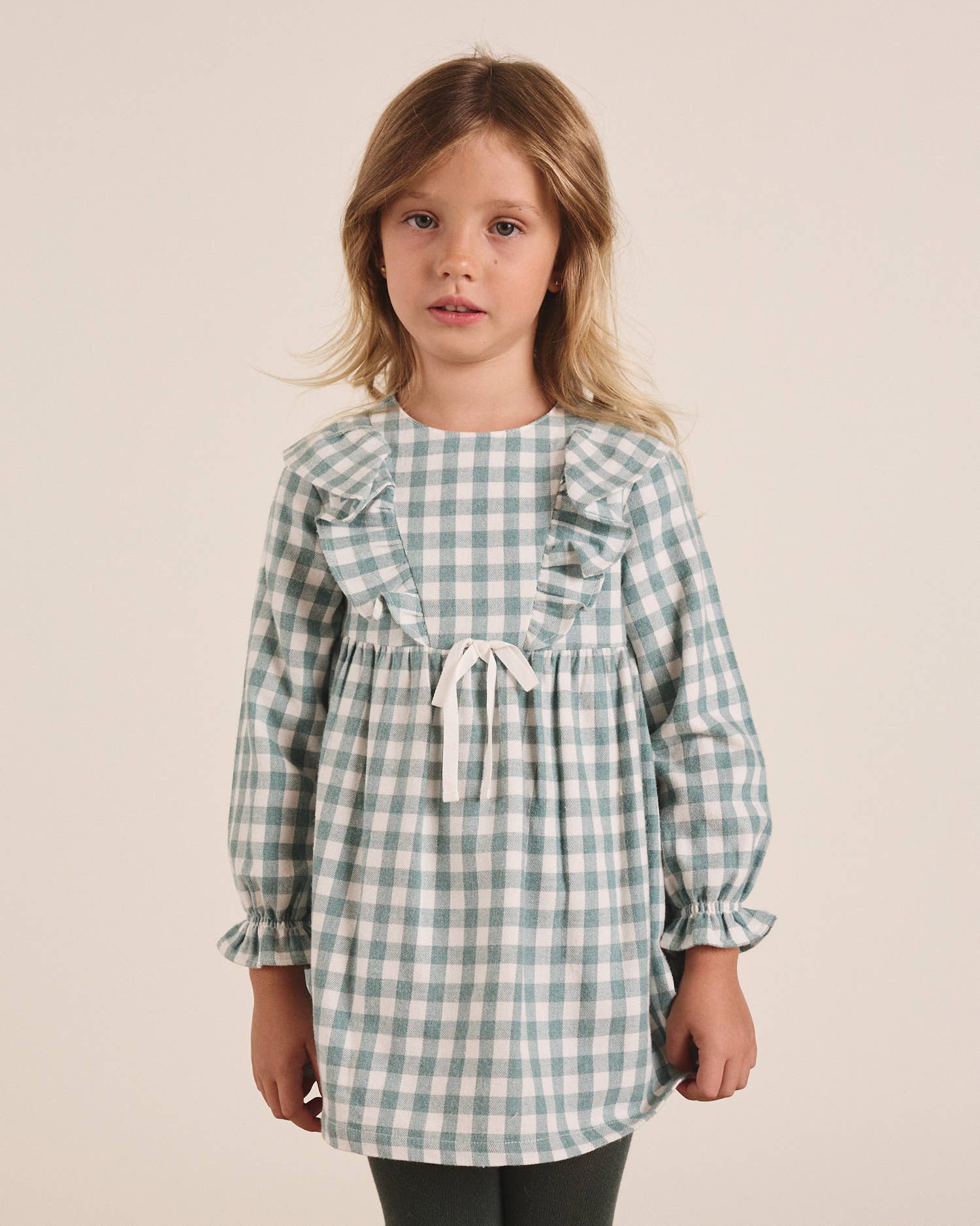 Dadati - Wholesale Dress - Kids - Water green vichy checkered flannel dress with bow8