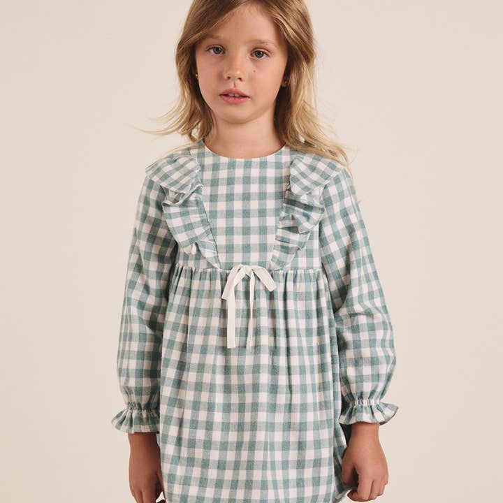 Dadati - Wholesale Dress - Kids - Water green vichy checkered flannel dress with bow8