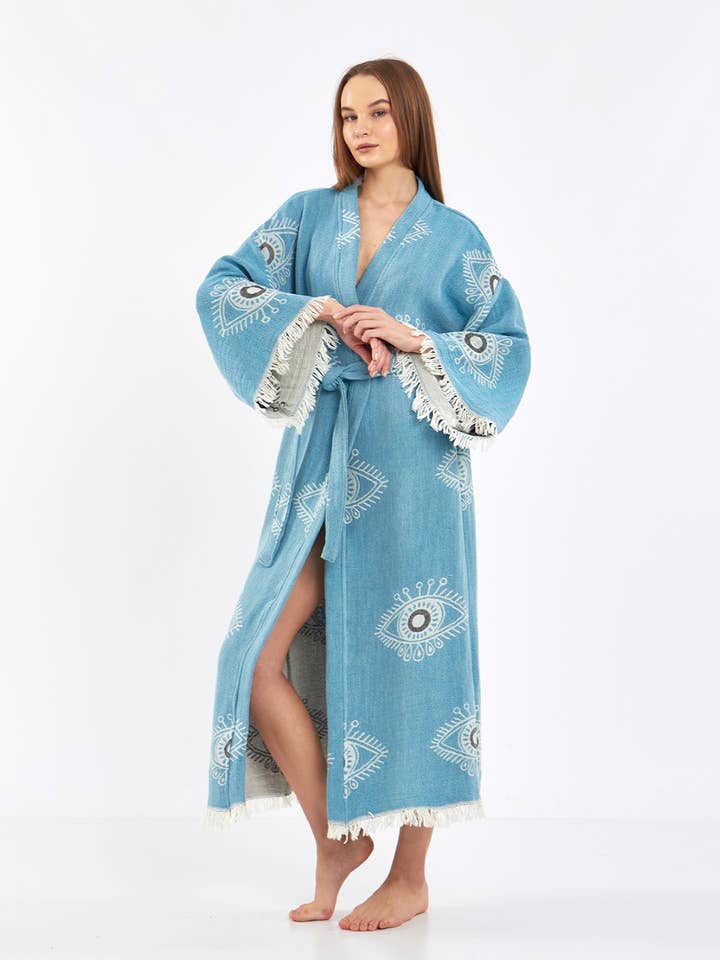 Yaz Concepts - Wholesale Kimono - Women's - Blue Evil Eye Jacquard Bathrobe Kimono Robe Kaftan Caftan