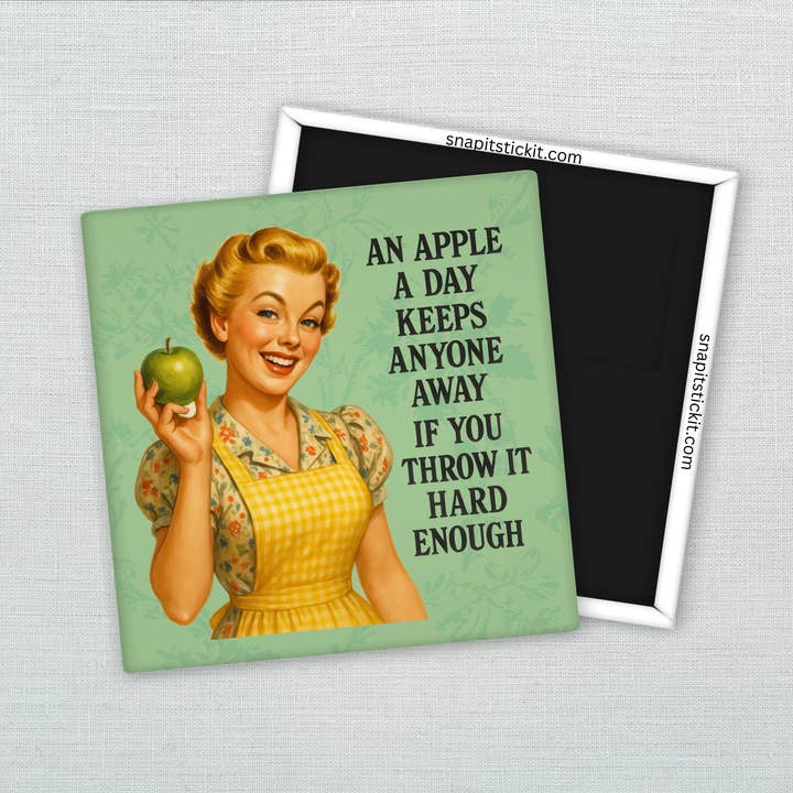 An Apple a Day (Thrown Hard) – Funny Sarcastic Retro Housewife Magnet for wholesale by Snap It Stick It