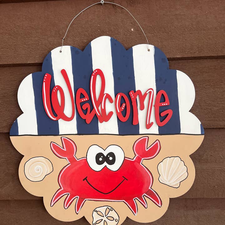 Welcome Nautical Crab Door Hanger – Hand Painted Coastal Sum for wholesale by OBX Prep