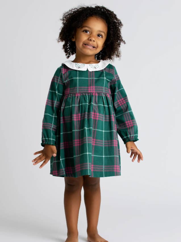 Vakantie Kinderen Lange Mouw Jurk met Kraag_Klassiek Groen Ruitjespatroon voor wholesale door Monica + Andy