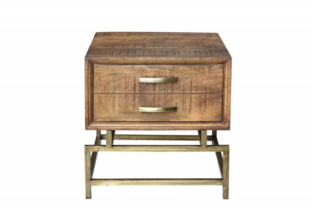 HomeRoots - Wholesale Side Table - 21" Brass And Brown Solid Wood And Iron Square End Table4