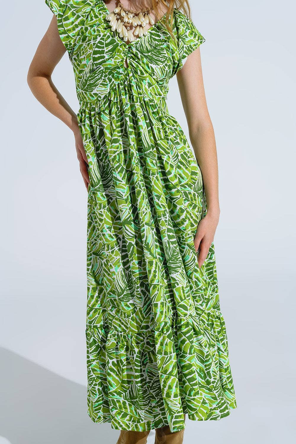 Midi Romantic Dress With Ruffled Short Sleeves in Green Leaf Print for wholesale on Faire4