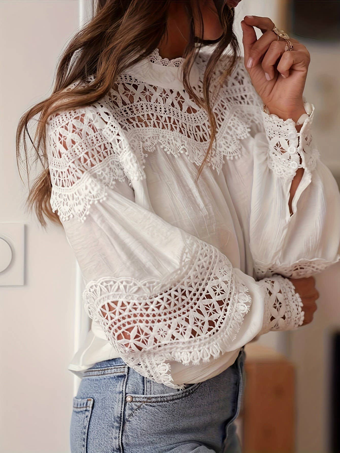 White Lace Eyelet Crochet Flared Sleeve Blouse for wholesale on Faire2
