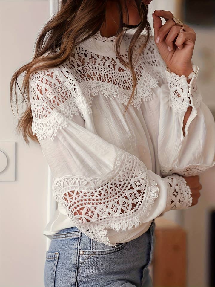 White Lace Eyelet Crochet Flared Sleeve Blouse for wholesale on Faire2
