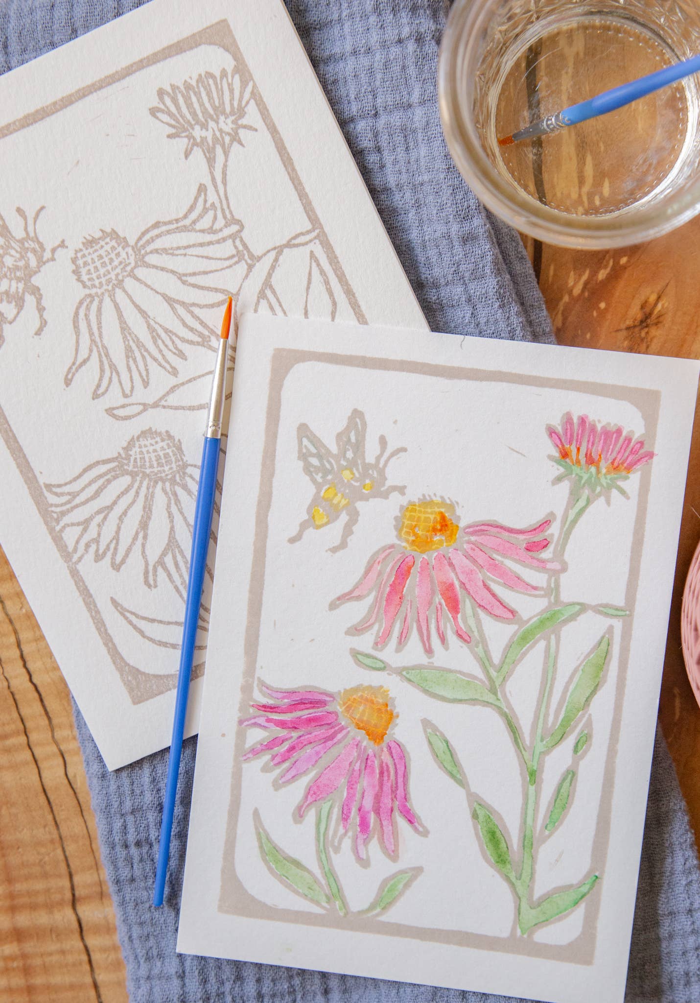 Ashes & Arbor - Wholesale DIY Craft Kit - 5x7 Cone Flower & Bee Watercolor Art Card Kit1