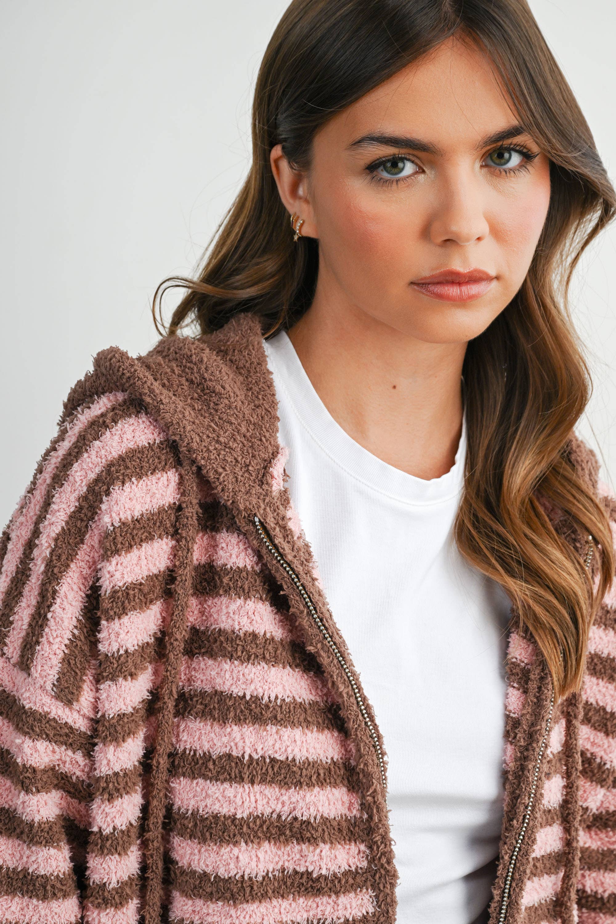 BUTTERMELON - Wholesale Knit Sweater - Women's - Striped Zip-Up Hooded Cardigan - BMC809715