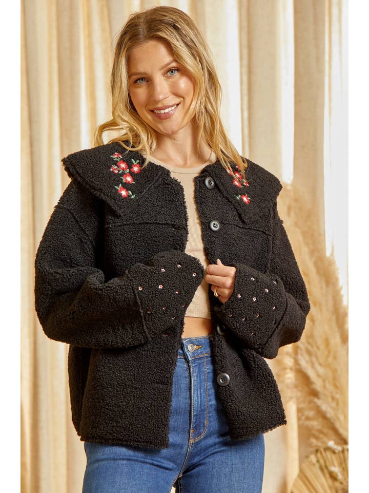 BLACK <SALE> Embroidered Floral Faux Fur Jacket J10152 for wholesale on Faire