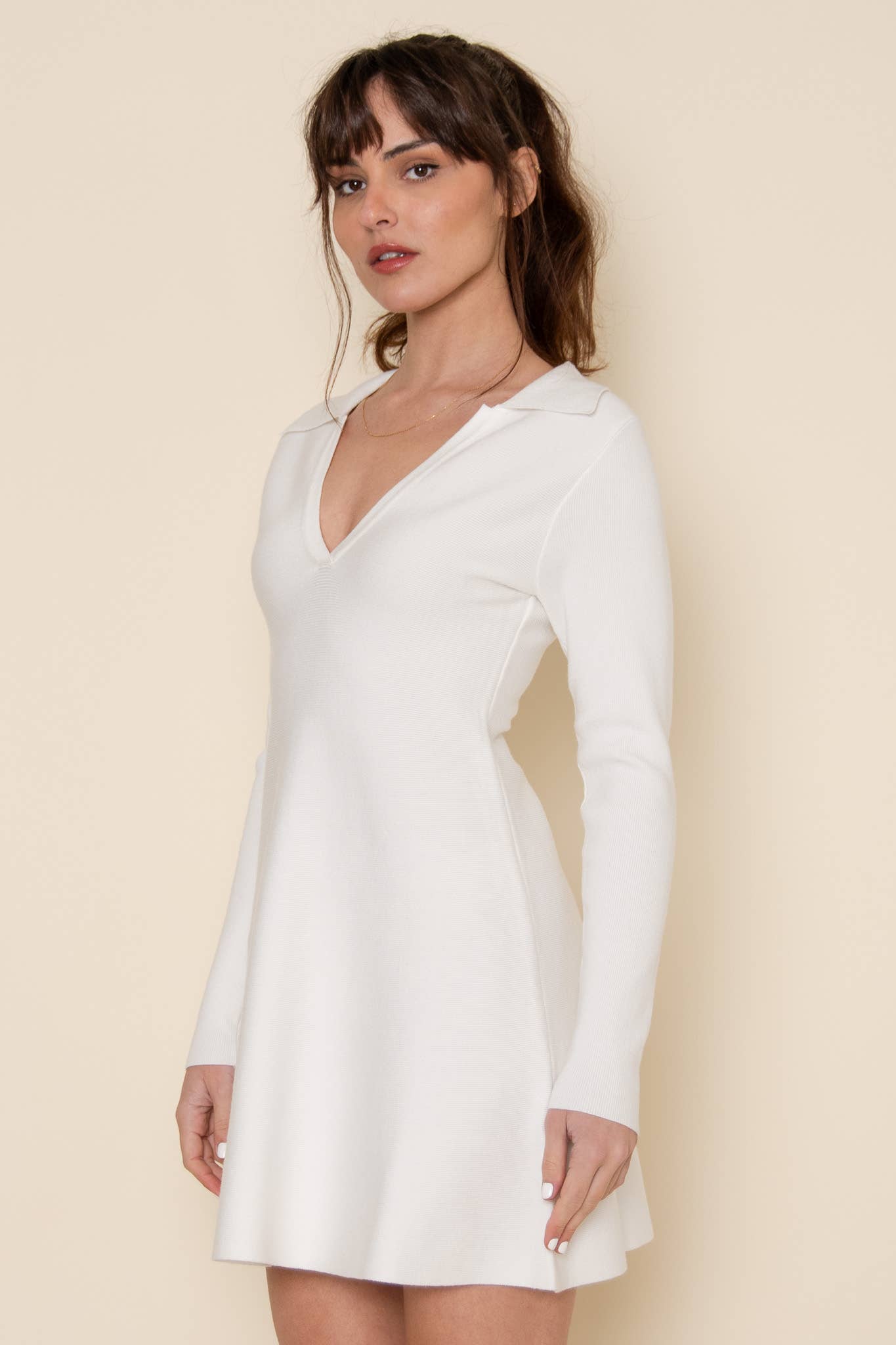 Fore Collection - Wholesale Dress - Women's - MINIMALIST V NECK LONG SLEEVE KNIT MINI DRESS-DI10363FO8