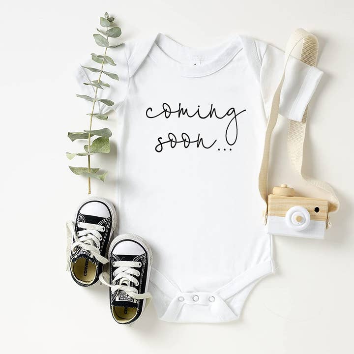 Pregnancy Announcement Onesie – Coming Soon Baby Bodysuit for wholesale by Bump & Beyond Designs