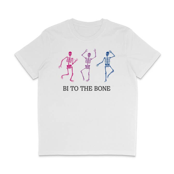 Skeleton Bi To The Bone Halloween Pride-shirt voor wholesale door Rainbow & Co