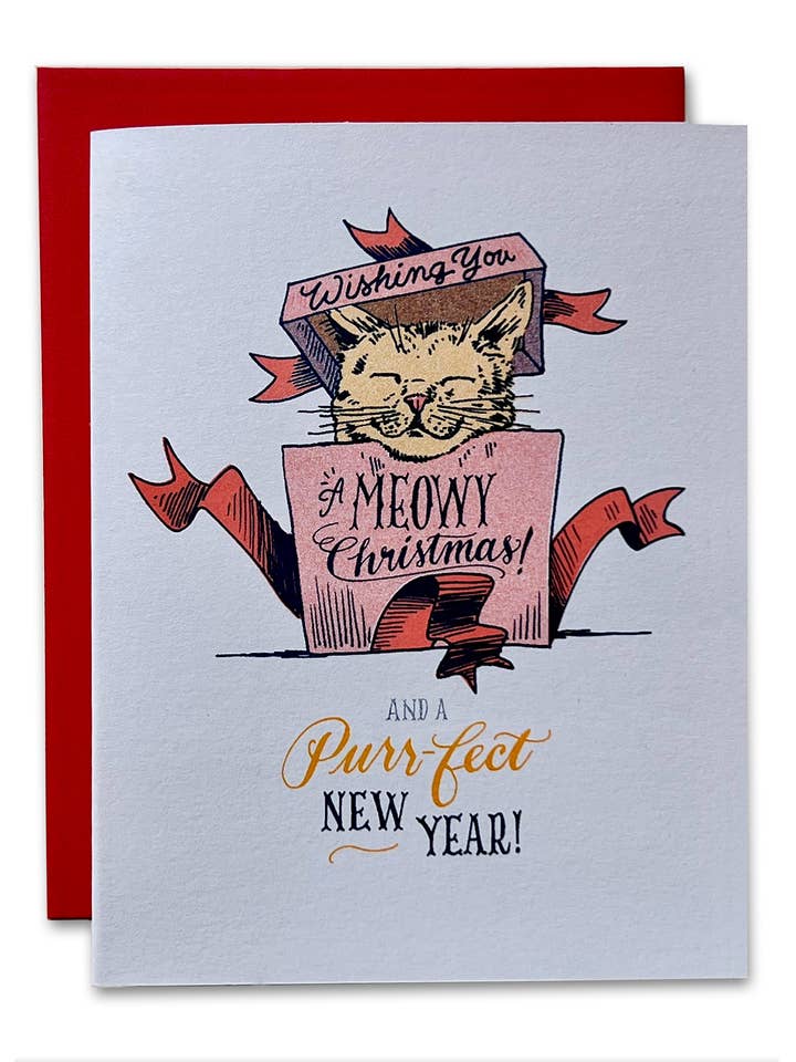 Meowy Christmas Risograph Holiday Card for wholesale by Ladyfingers Letterpress