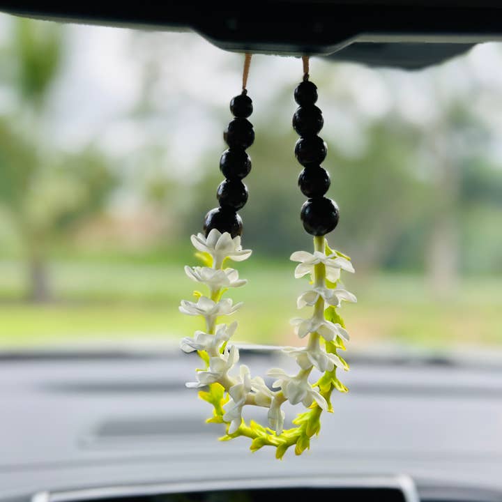 Pakalana | Pikake | Clay Flower Rear View Mirror Car Lei for wholesale by Cali Kai Hawaii