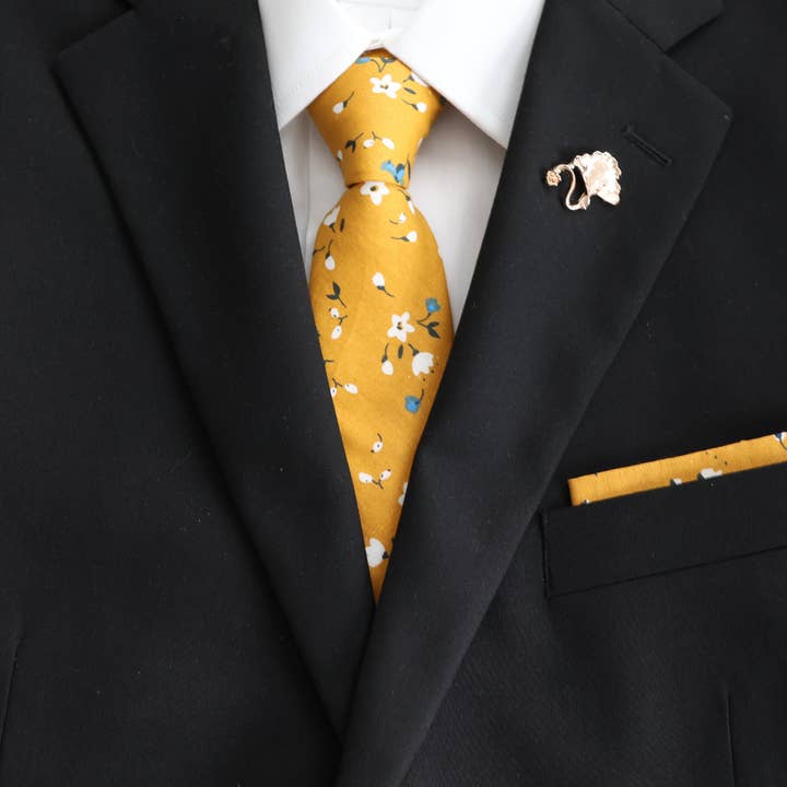 Tie Mood - Wholesale Necktie - Men's - Ember Marigold Yellow Floral Skinny Tie