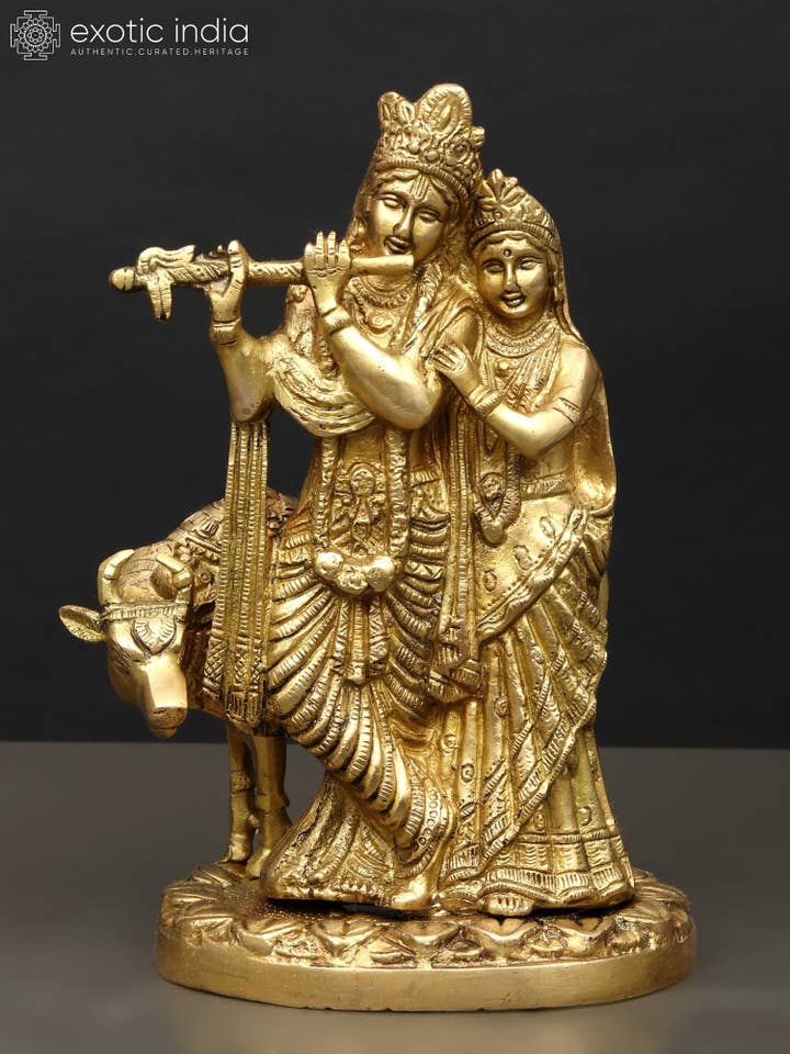 9" Radha Krishna With Cow In Brass | Handmade Idol for wholesale by Exotic India Art