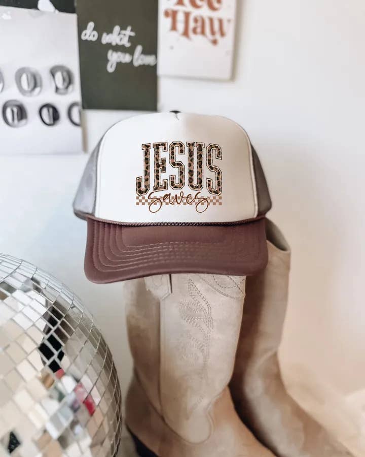 Leopard Jesus Saves Trucker Hat for wholesale on Faire