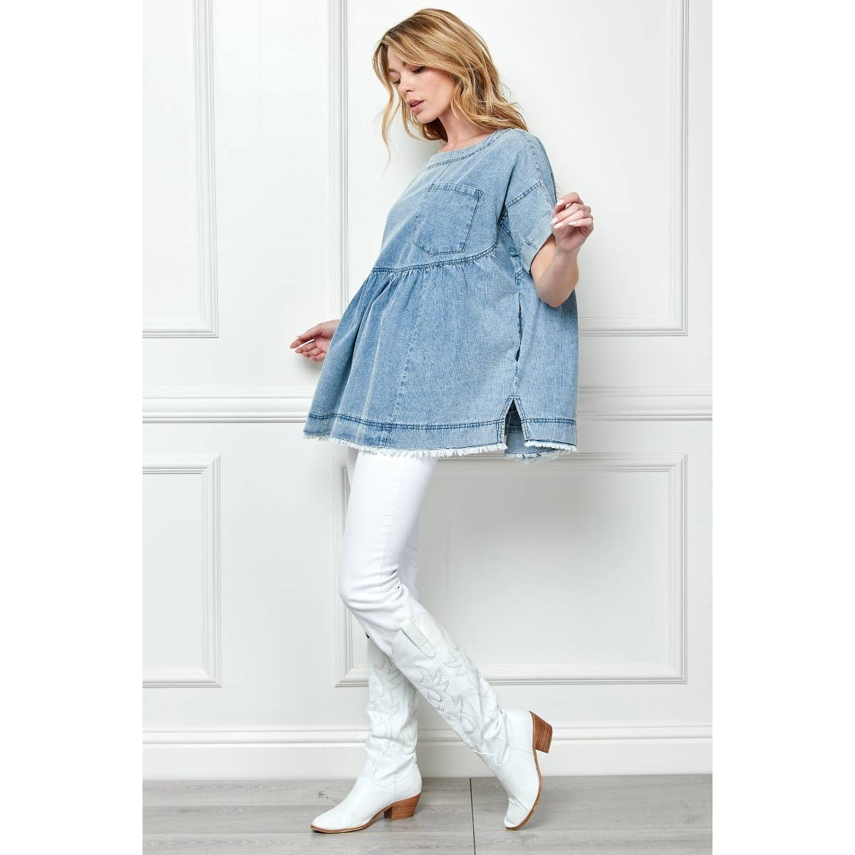 Oversize Pleated Denim Baydoll Top for wholesale on Faire1