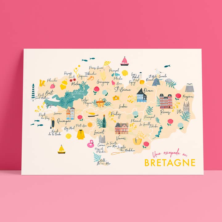 A4 poster - Karta över Bretagne för wholesale av Rennes à coup de coeur
