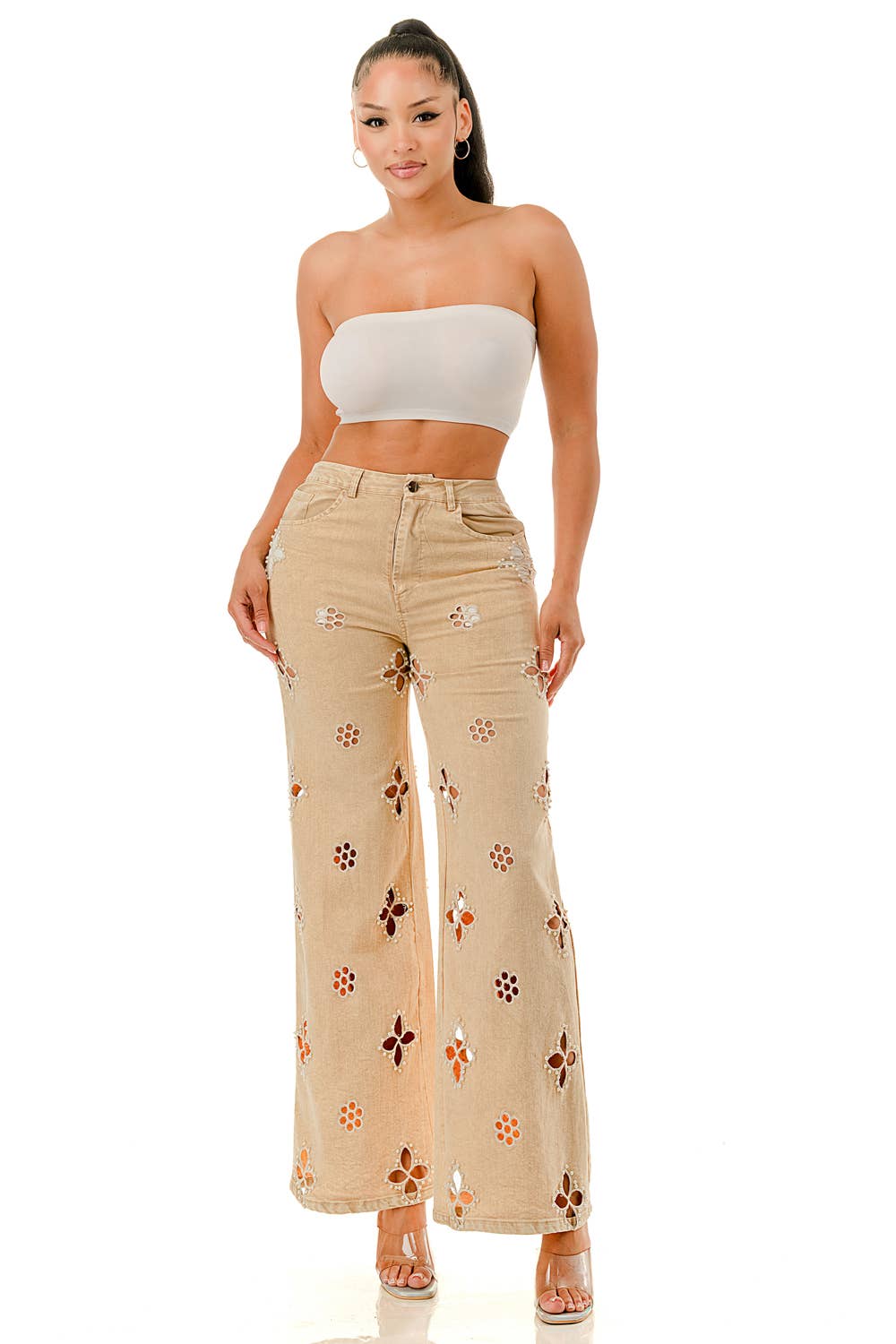 SALT - Vente Pantalon – femme - (SP5058)Pantalon large à découpes florales en perles11