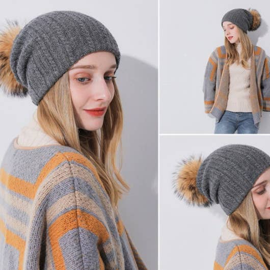 New, Cashmere Beanie Hat For Women With Real Fox Fur Pom Pom, Multifunctional Hat And Scarf. for wholesale by FanakoStudioNYC