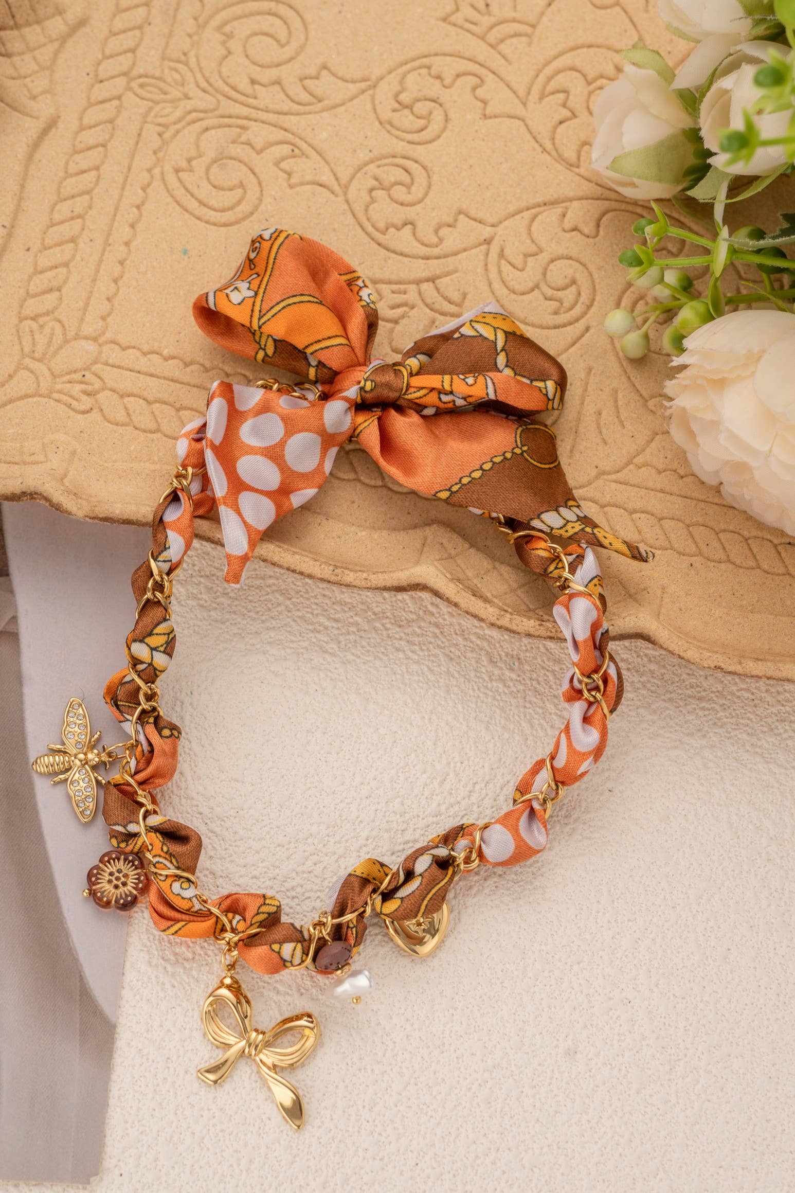 COSMOS - Wholesale Choker/Collar - Orange braided scarf necklace with stainless steel charms
