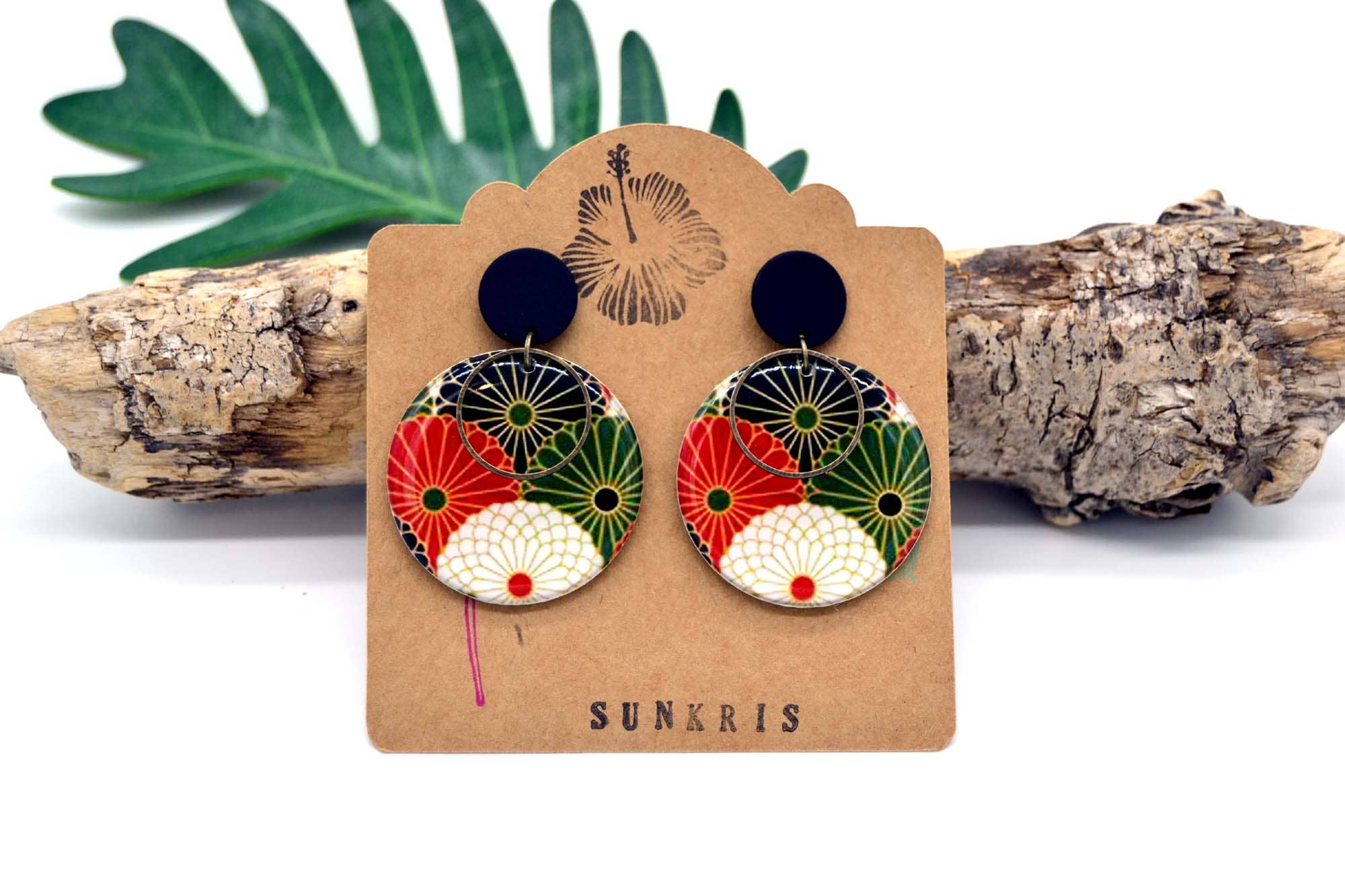 SUNKRIS - Wholesale Dangle Earrings - Seigaiha flower Japanese pattern paper earrings