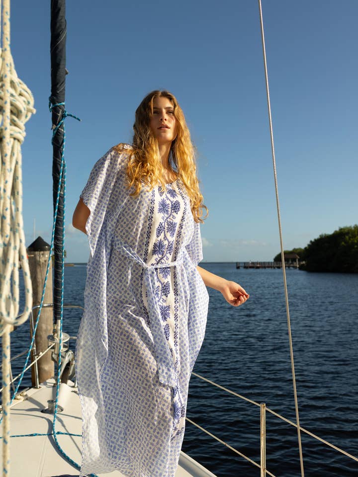 Carrie Caftan in Santorini Dots for wholesale by Hermoza