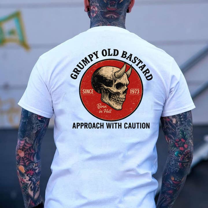 STRONG N FREE CDN - Wholesale Graphic Sweatshirt - Unisex - T-Shirt Sweatshirt Crewneck Grumpy Old Bastard – Vintage Skull Horned Back Print “Approach With Caution” Design