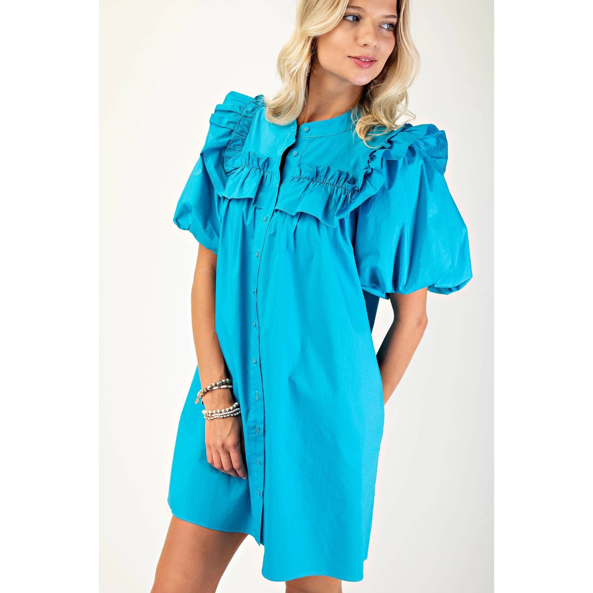 BNS - Wholesale Dress - Women's - Puff Sleeve Mini Dress w_Mandarin Collar n Ruffle7