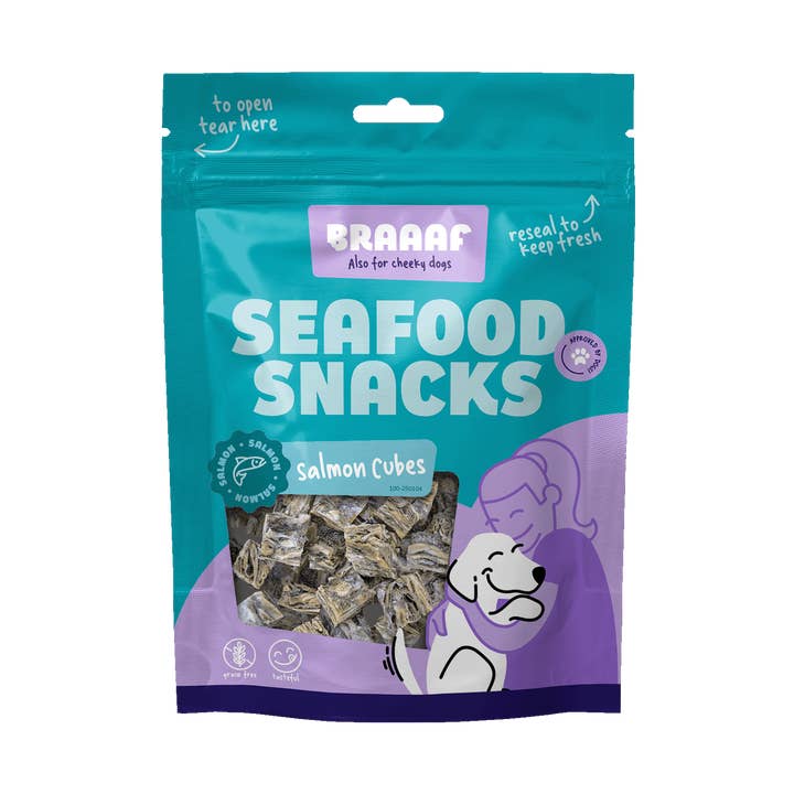 Braaaf Seafood Salmon Cubes for wholesale by Hofman Animal Care