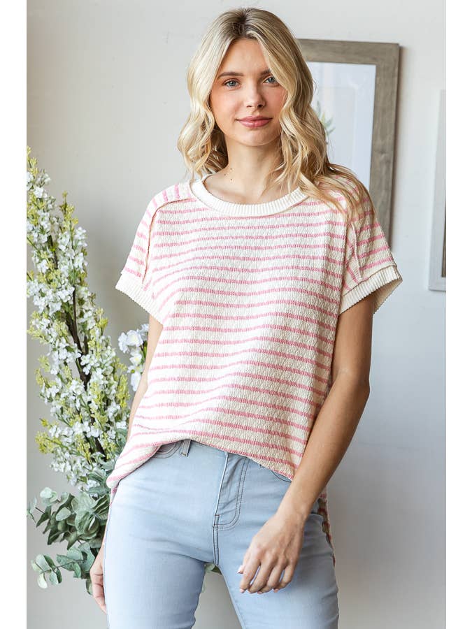 7th Ray - Wholesale Knit Top - Women's - Stripe Textured Side Slit Short Sleeve Top T5865