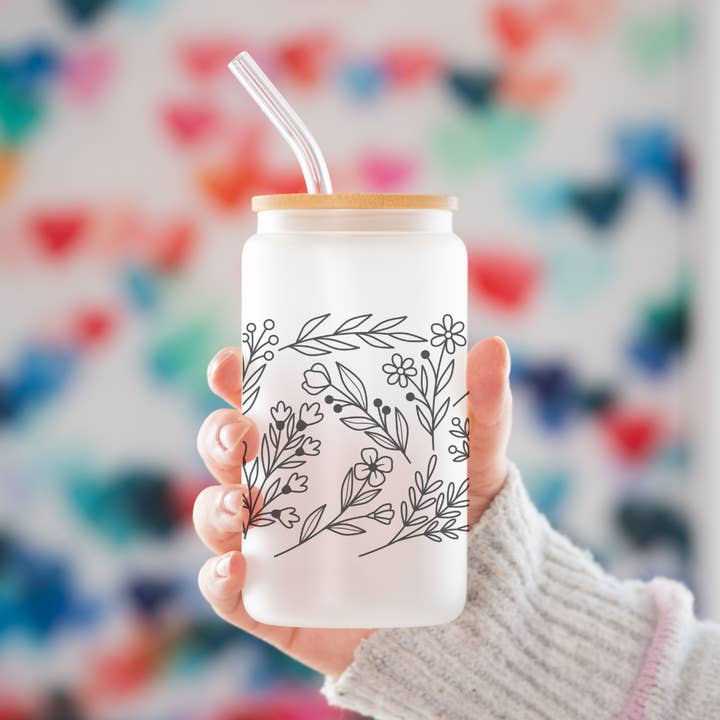 Minimalistische Bloemenlijnkunst Matglazen Beker met Bamboedeksel voor wholesale door Love Mae Co.