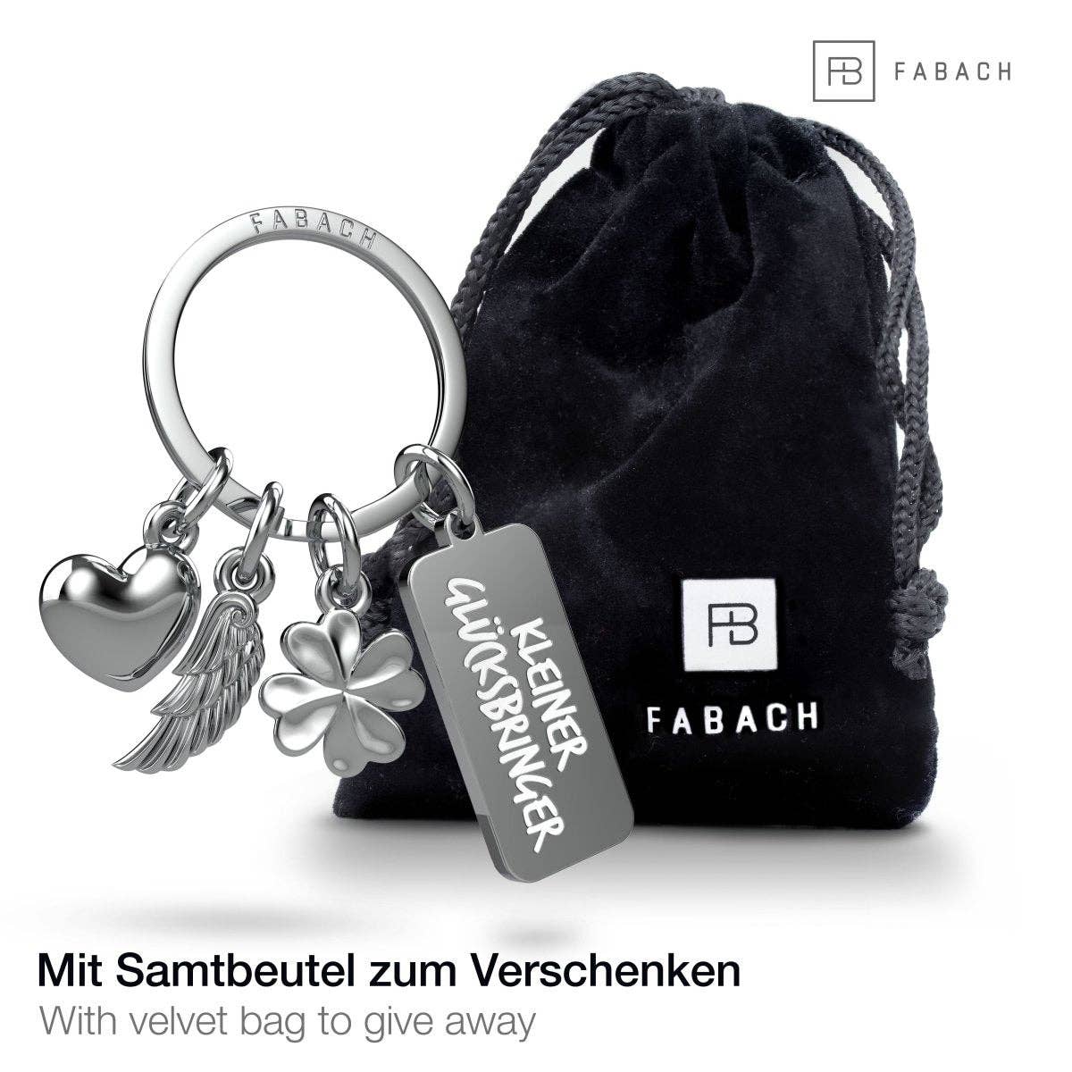 FABACH – Die Schlüsselanhänger-Schmiede – Großhandel Schlüsselanhänger – Unisex – "3 Charms" Schutzengel Schlüsselanhänger - Engel Herz Kleeblatt Glücksbringer mit Botschaft Gravur "Kleiner Glücksbringer"3