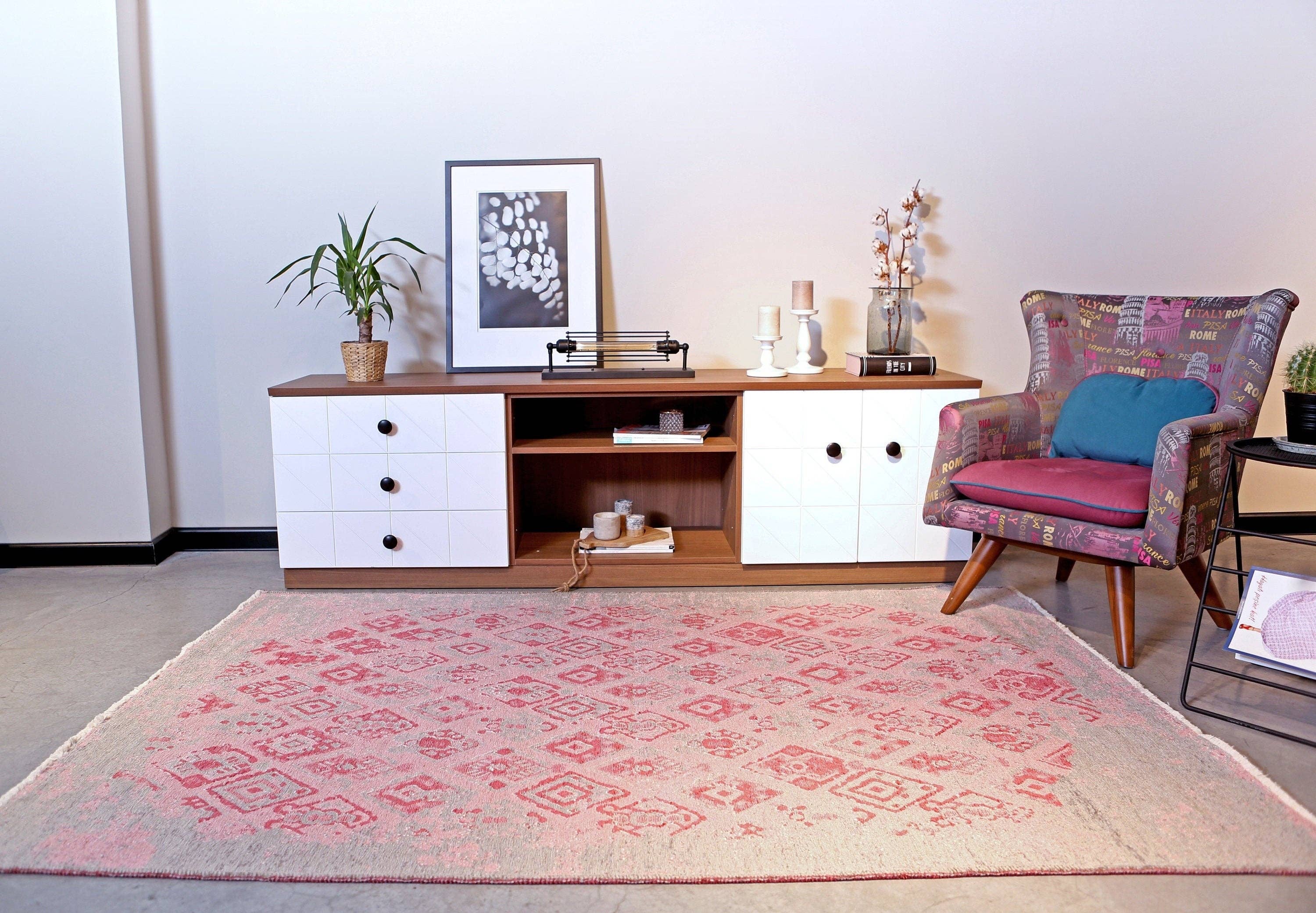 Alfa Rich Inc – wholesale Matta – Rosa grå matta, vändbar tvättbar bomull 8x10 områdesmatta för vardagsrum sovrum kök barnkammare matsal Boho dekor estetisk rosa grå 8x101