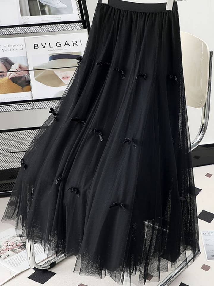 NINEXIS - Wholesale Skirt - Women's - CWBLS00712_BOW MESH A-LINE MIDI SKIRT WOMEN