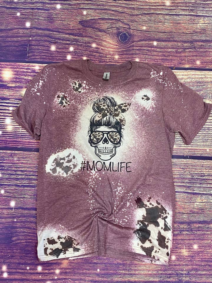 Skull MomLife with cowhide patches Bleach Shirt for wholesale by Cute As A Rustic Button