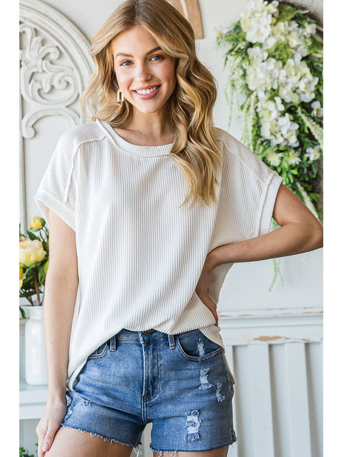 7th Ray - Venta al por mayor Túnica - Mujer - Top de manga corta con hombro caído, costilla sólida y abertura lateral T516014