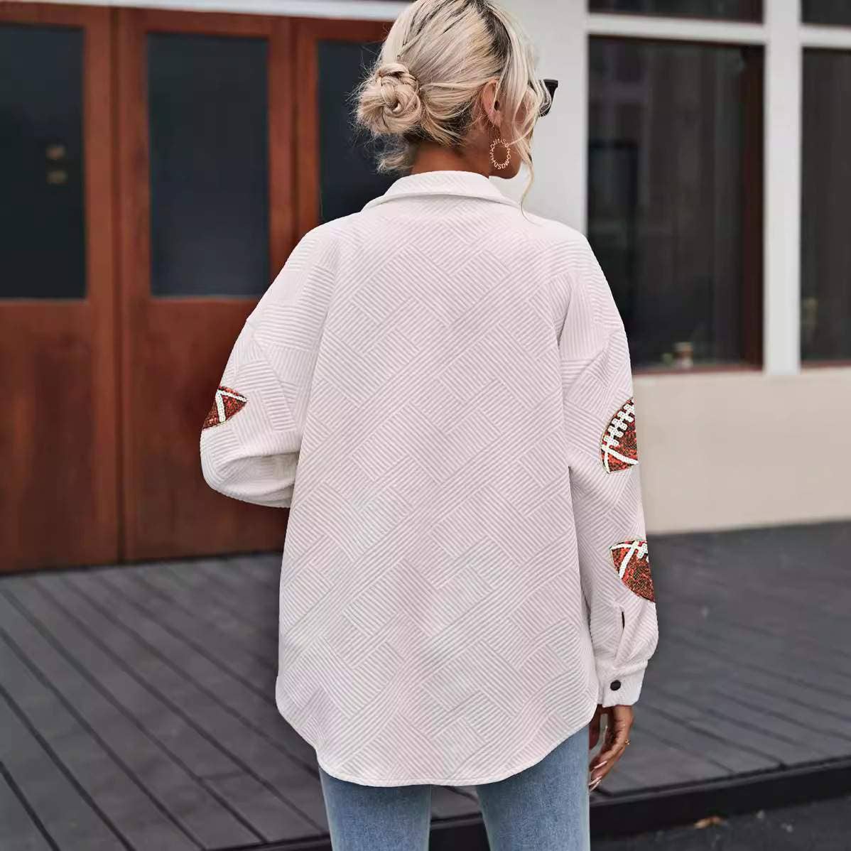 WHITE football jacket with embroidery details for wholesale on Faire4