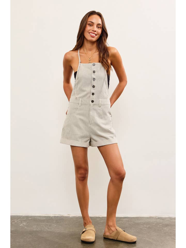 Mustard Seed - Wholesale Romper - Women's - BUTTON CLOSURE STRIPED SLEEVELESS ROMPER
