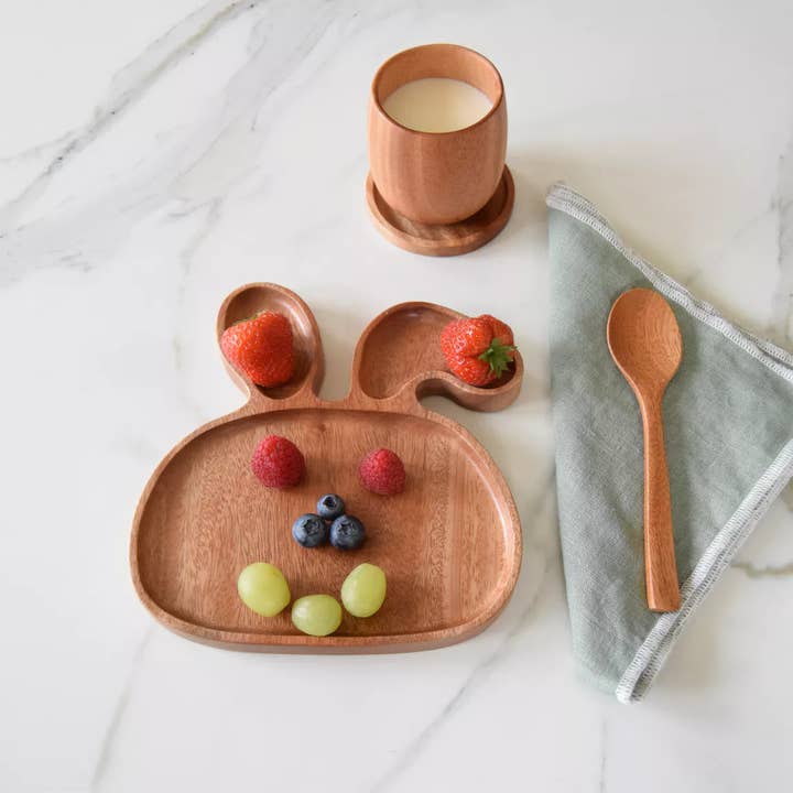 Khaya Woodware - Vente Assiette – enfant et bébé - Assiette pour enfants en bois de Khaya - Lapin - Écologique - Fait main