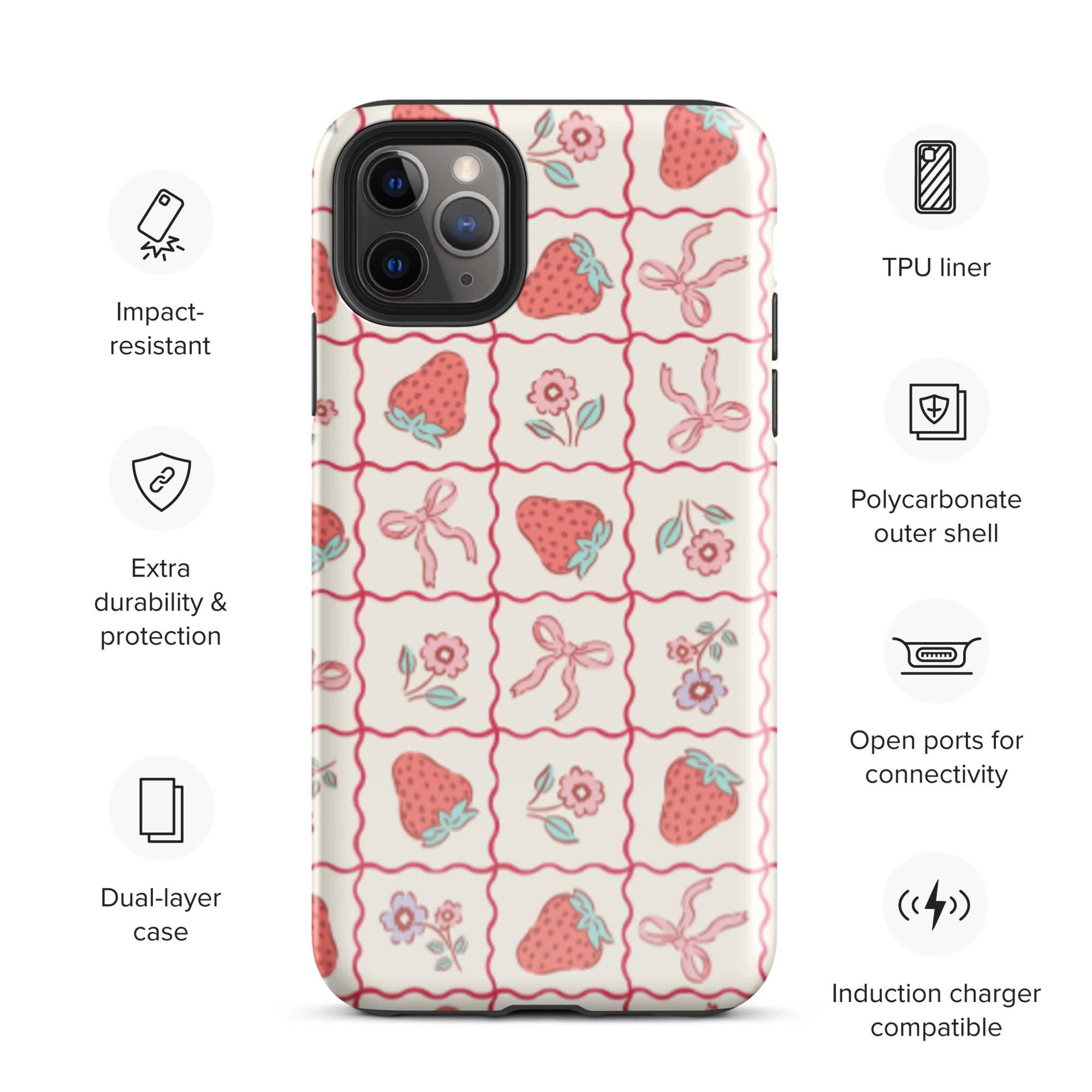 CrescentCatCo - Wholesale Phone Case - Women's - Coquette Girly Strawberry and Bow iPhone Case4