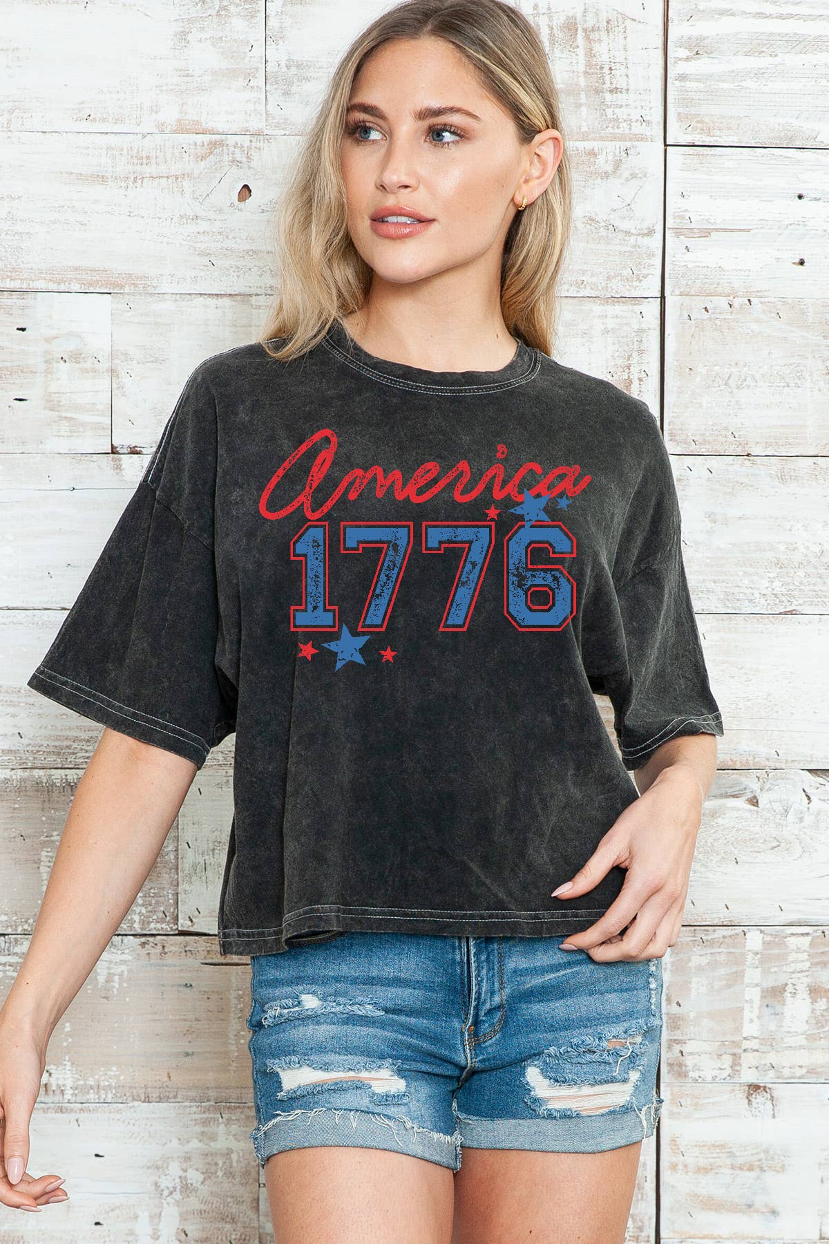 Amused by Blue - Wholesale Screen Printed T-Shirt - Women's - Women Graphic Print Short Sleeve Mineral Wash Top0